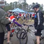 My back to camera (left), Anna preparing to depart, Brent having just arrived on his Giant